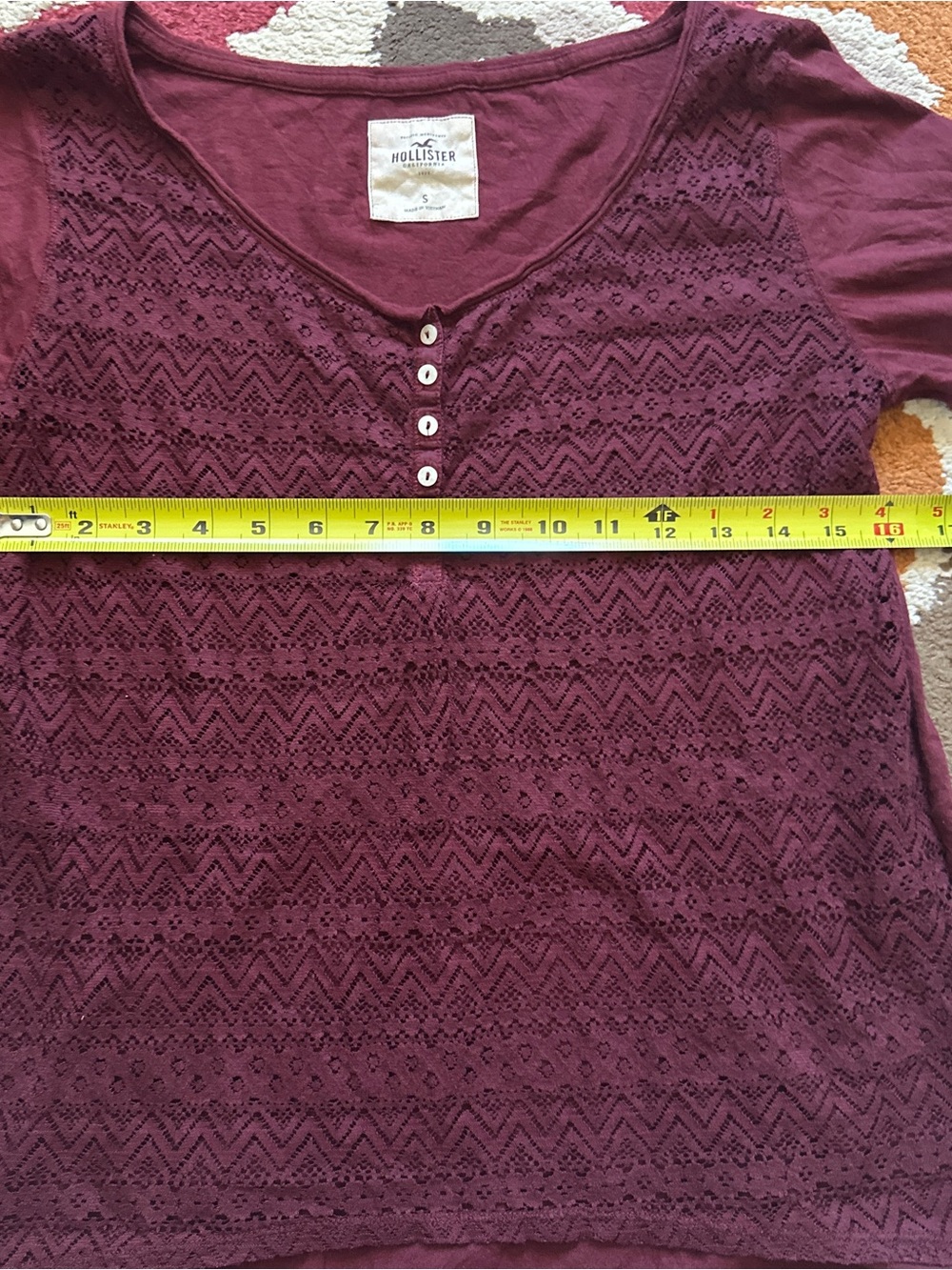 Hollister Burgundy Lace Henley Long Sleeve Top | Size S - Picture 7 of 8